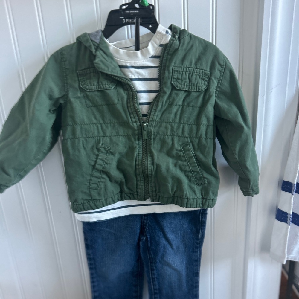 Green/Gray Jacket, Striped Long Sleeved Tee & Jeans Outfit